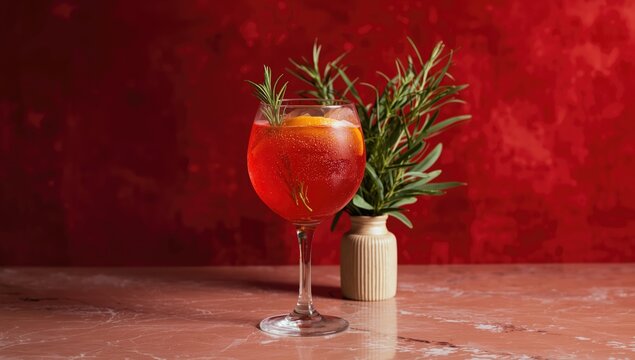 Vivid red drink in a glass adorned with orange slice and surrounding plants, used as a layout background for menus