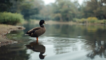Side view of Pacific black duck at artificial lake, highlighting bird behavior and shallow depth of field