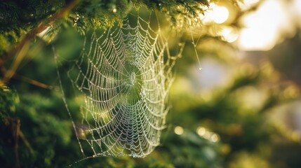 Spider Web with Morning Dew Drops in Golden Sunlight in Garden