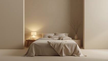 Tidy bedroom featuring warm lamp illumination, emphasizing a comfortable and inviting interior space