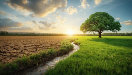 Obraz premium Arid land gradually becoming verdant, highlighting effects of climate change on ecosystems
