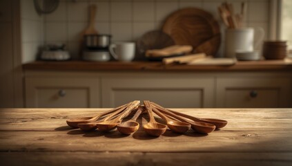 Kitchen utensils including wood spoons arranged on a wooden surface, highlighting cleaning and storage efficiency