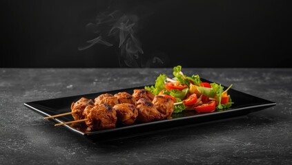 Grilled chicken skewers presented on a black plate against a concrete surface alongside a fresh vegetable salad, highlighting meal preparation