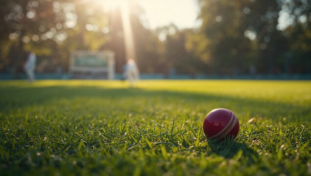Close-up of a cricket ball on vibrant grass, highlighting field maintenance and sports equipment safety