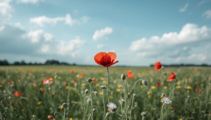 Obraz premium Poppy flower surrounded by seed capsules and native wildflowers, highlighting floral diversity in a summer landscape, nature preservation