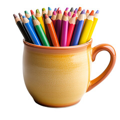 Colored pencils arranged in ceramic cup isolated on transparent background