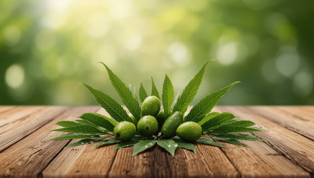 Neem plant parts displayed on wood, focusing on plant-based ingredients, suitable for herbal medicine or sustainable sourcing, World Herbal Medicine Day