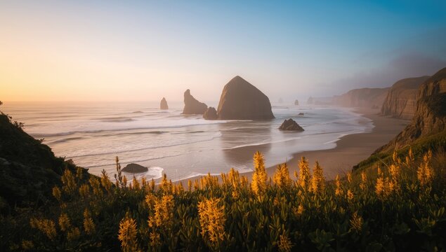 Coastal scene featuring sea stacks at Face Rock beach with blooming gorse, ideal for nature photography