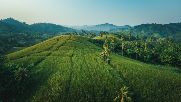 Birds-eye perspective of vibrant tropical greenery on hillside terrain with coconut trees and wild grass, highlighting rural mountain ecosystem