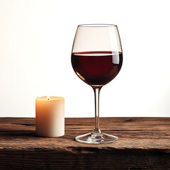 Glass of red wine beside a lit candle on rustic wooden table