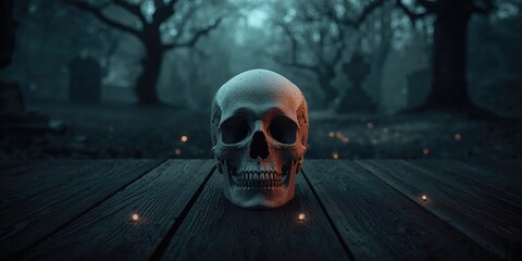 Human skull in a still life setup, designed to evoke fear or suspense for visual storytelling