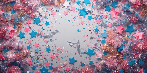 Brightly colored tinsel, sequins, and confetti with pink and blue stars create a lively setting for a gender reveal or birthday celebration