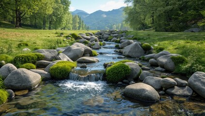 Flowing mountain water navigating mossy rocks, highlighting natural landscape preservation
