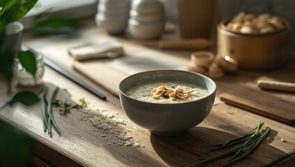 Asian-inspired mushroom porridge prepared with fresh ingredients, suitable for nutritious meals