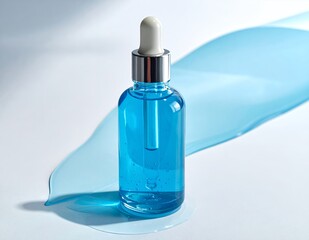 Blue serum bottle with dropper on white background with blue ribbon and shadows.