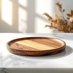 Obraz premium Round wooden tray on marble tabletop, sunlit interior