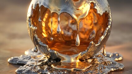 Melting Golden Globe on Wooden Surface