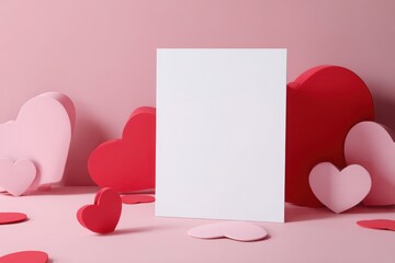 Valentines Day card surrounded by pink and red hearts on a soft pink background.