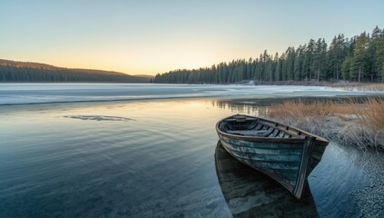 Old boat left on icy lake surface amid winter landscape with trees and colorful leaves, nature setting
