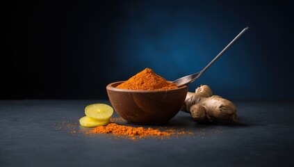 Bowl and scoop with ginger powder on vibrant background, emphasizing traditional medicine practices