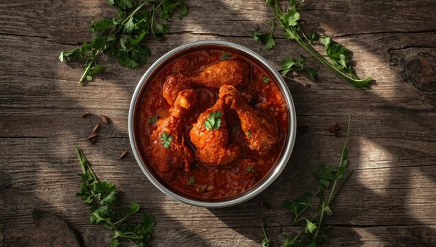 Close-up of karhai chicken cooked in a tomato-based spicy sauce, highlighting culinary technique