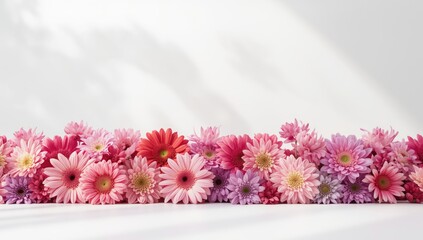 Pink and purple flowers aligned in a tidy row for decorative purposes, ideal as a plant backdrop