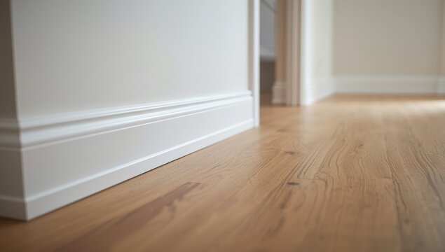 Detail shot of flooring and freshly installed baseboards highlighting clean design, home renovation safety