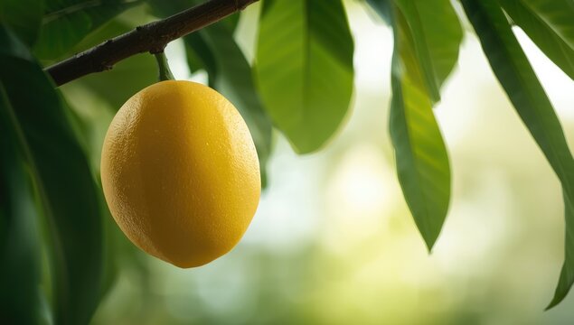 Close up of yellow canistel fruit on the tree, highlighting seasonal growth, Earth Day