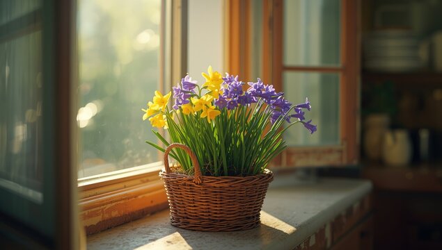 Closeup of Narcissus and Hyacinth sprouting in a wicker basket on a window sill, highlighting early spring gardening