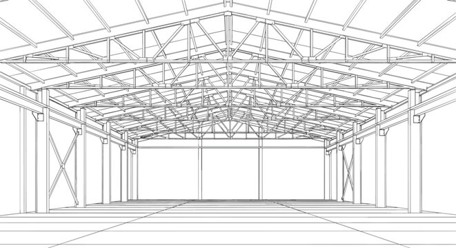 Empty industrial building interior line art illustration featuring steel roof truss system and structural columns for architectural blueprints