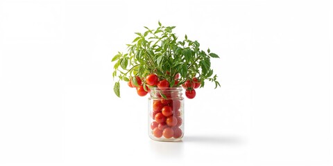 Cherry tomato plant in a jar, serving as a space-efficient method for small-scale vegetable cultivation