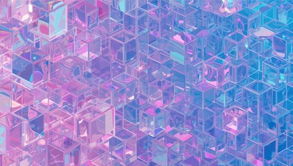Isometric geometric cube pattern of plexiglass and plastic jelly in pink and blue tones from the 1980s, serving as a futuristic visual layout