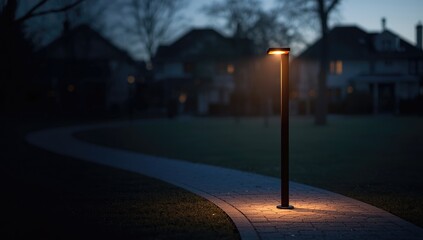 Lighting along a park walkway featuring contemporary lamp posts and residential background, urban safety lighting, Earth Day