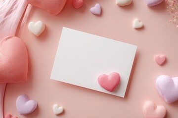 Valentines Day card surrounded by pink and white heartshaped candies on a soft pink background.