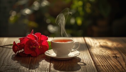 Fruit tea served in a cup alongside red begonia flowers on a wooden table, ideal for a calming setting