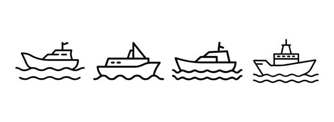 Set of four different boats sailing on the ocean waves on transparent background
