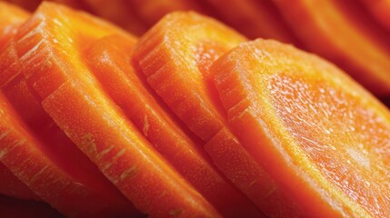 Slices of bright orange carrots are placed on a wooden surface. They are cut in even rounds ready for use in cooking. This takes place in a kitchen during afternoon meal prep.