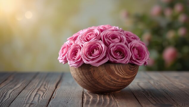 Bright rose bouquet in a wooden bowl intended for floral display backgrounds
