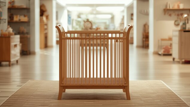 Wooden cot with a softly out-of-focus background in furniture retail, ideal for layout and catalog use