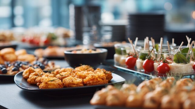 A table filled with different appetizers includes fried items salads and small bites. Guests enjoy the food at a gathering in a well lit space.
