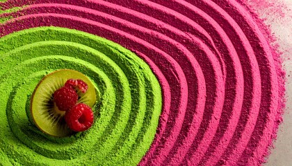 Vibrant green and pink powder with kiwi and raspberries