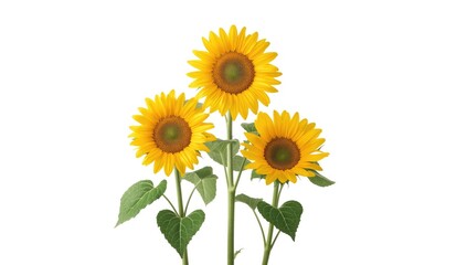 Obraz premium Bright yellow sunflower blooms against plain white backdrop, ideal for botanical illustrations