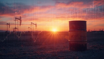 Oil extraction scene with forex chart at sunset, serving as a finance and energy industry background