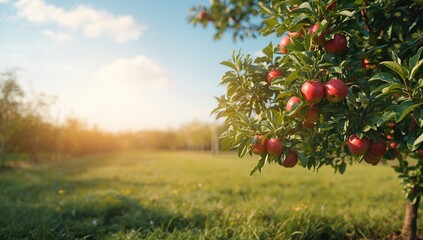 Ripe red apples attached to a tree branch amidst vibrant green foliage, highlighting fruit ripening