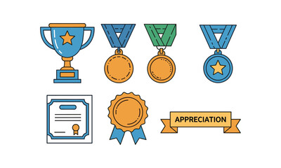 Employee appreciation day award bundle of trophies and seals vector
