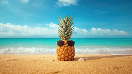 Sunglasses-wearing pineapple resting on beach sand, tropical leisure, World Environment Day