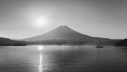 Sunrise over Lake Kawaguchiko with Mount Fuji's outline in monochrome, suitable for nature backgrounds