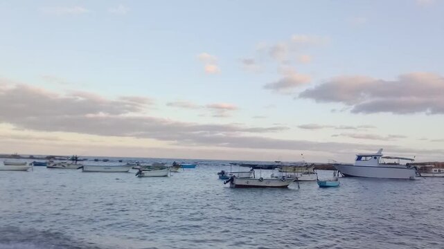 For fishing, fishermen are standing on boats. They're opposite Al-Kour Island (Miami Island). The island dates back to 30 BC. A great view of the Mediterranean Sea and the sky is near sunrise.