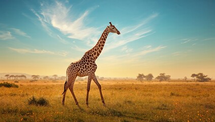 Obraz premium Tall giraffe navigating open meadow, illustrating animal movement and natural terrain