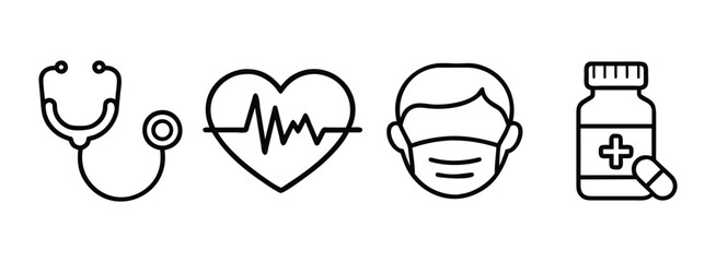 Simple medical icons including stethoscope and heart rate monitor on transparent background